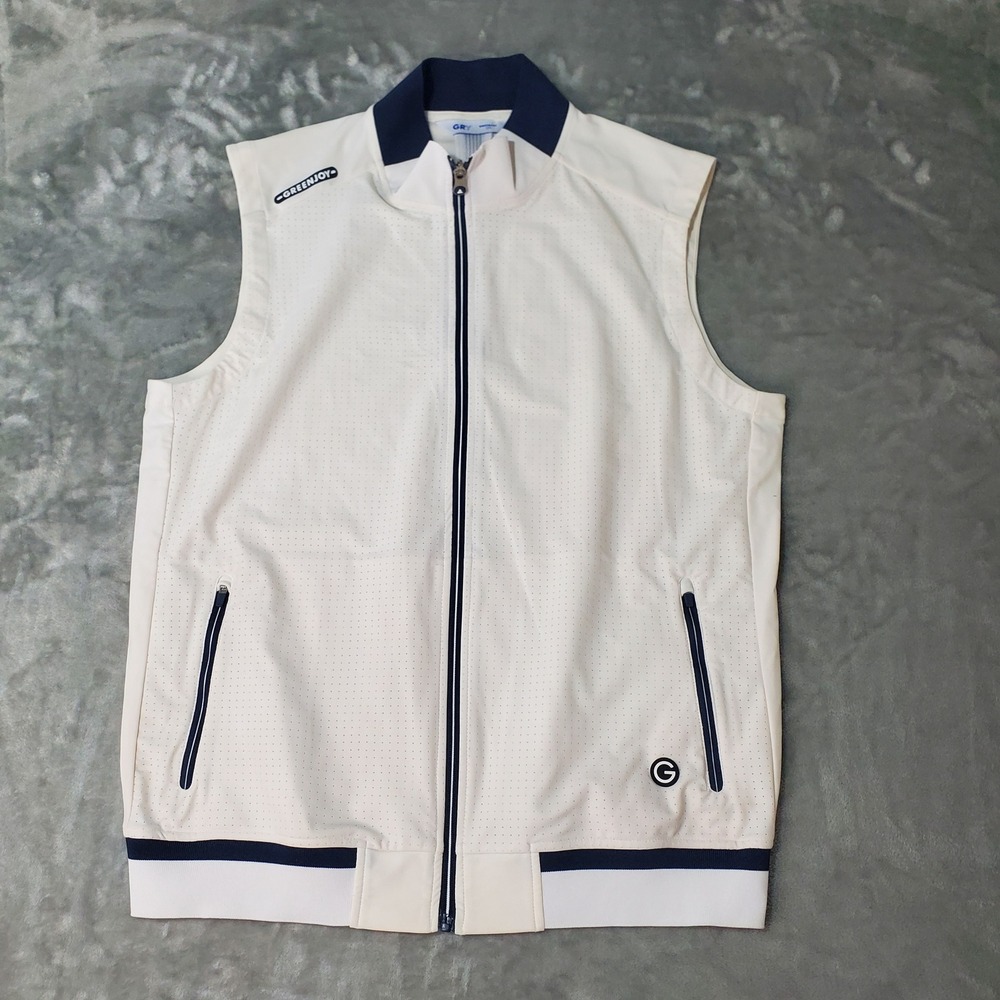 Greenjoy Mens Full Zip Golf Vest White Navy Blue Perforated Size 105 Large Korea